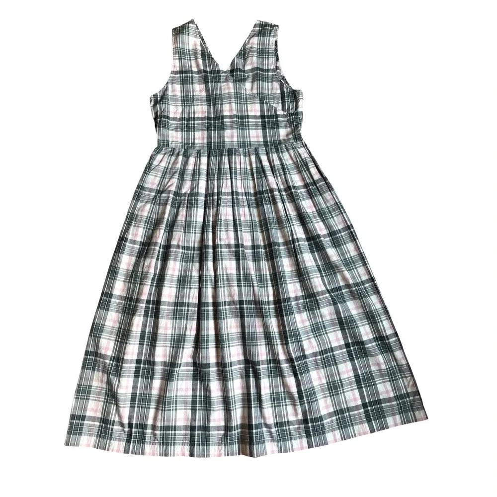 Edie Bauer Tartan Plaid 100% Cotton Maxi Dress Green Pink S Tradwife‎ Modest